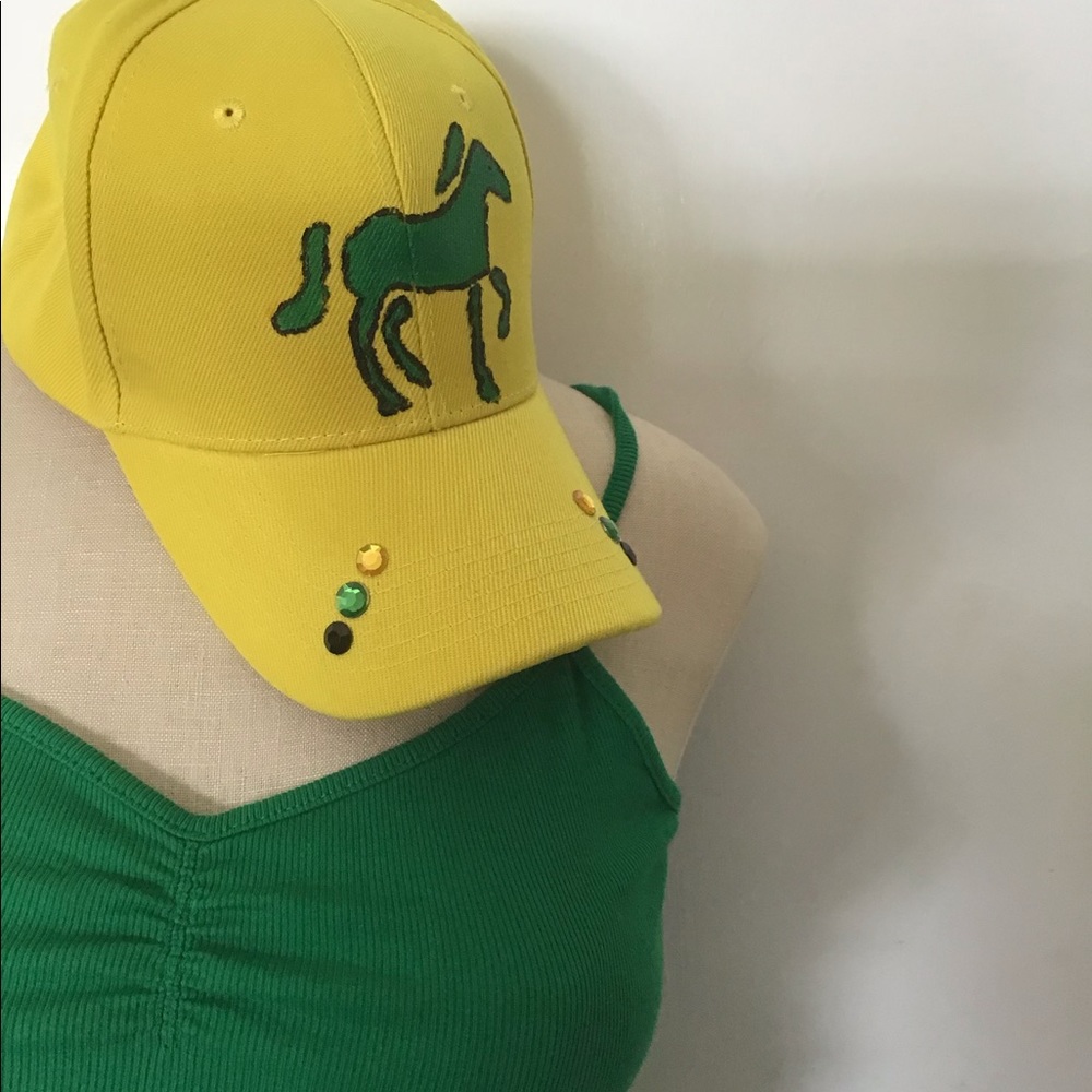 Yellow Jamaican Baseball Cap Hand Painted Horse. - Picture 2 of 4
